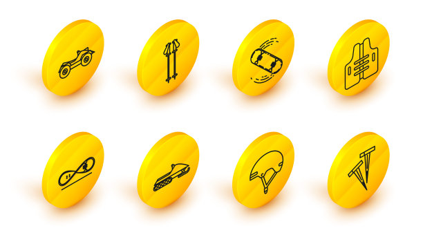 设置线钉帐篷，头盔，雪地摩托，滑板技巧，救生衣，滑雪杖和全地形车辆ATV摩托车图标。向量图片下载