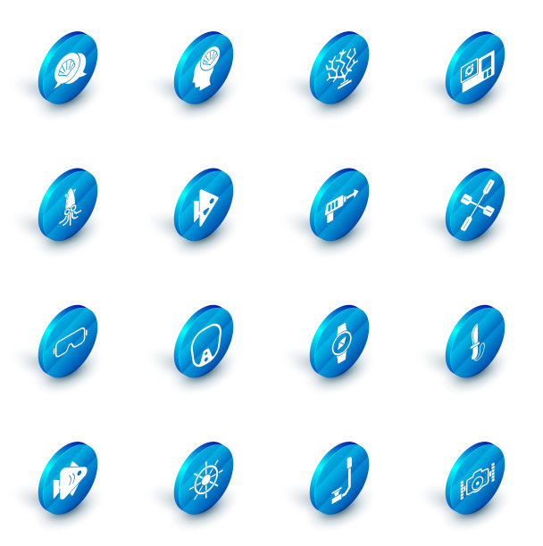 集扇贝海壳，珊瑚，动作相机，章鱼，潜水面具，鱼，桨和钓鱼鱼叉图标。向量图片下载