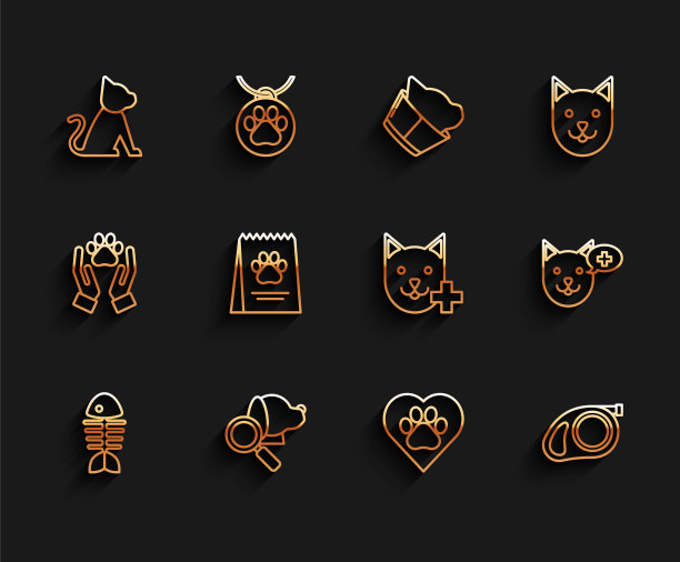 集线鱼骨架，兽医诊所标志，猫，心脏与动物足迹，可伸缩绳牵引钩，袋的食物，狗，和图标。向量图片下载