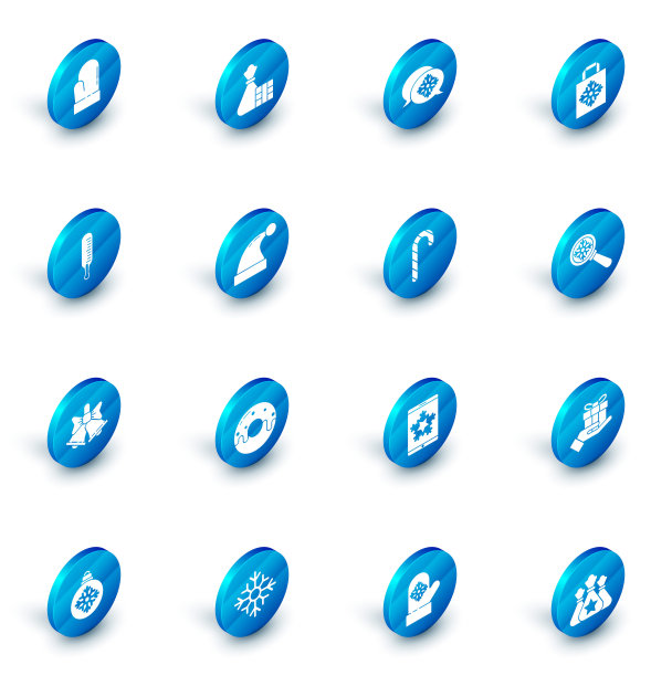 礼品盒和袋子、圣诞节购物纸袋、气象温度计、铃铛、圣诞老人帽子、放大镜雪花和糖果手杖条纹图标矢量素材图片下载