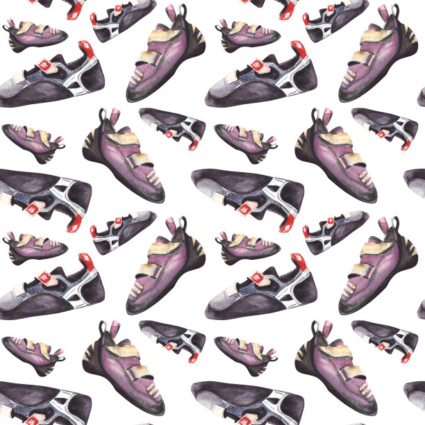 攀岩石鞋，不同的颜色和尺寸，无缝图案。水彩插图图片下载