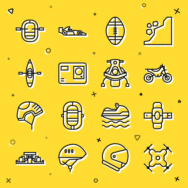 设置线无人机飞行，护膝，山地自行车，橄榄球，动作极限相机，皮艇或独木舟，漂流船和雪地摩托图标。向量图片下载