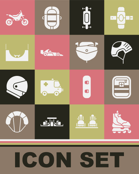 集轮滑，急救箱，头盔，长板或滑板，一级方程式赛车，滑板公园，山地自行车和快艇图标。向量图片下载
