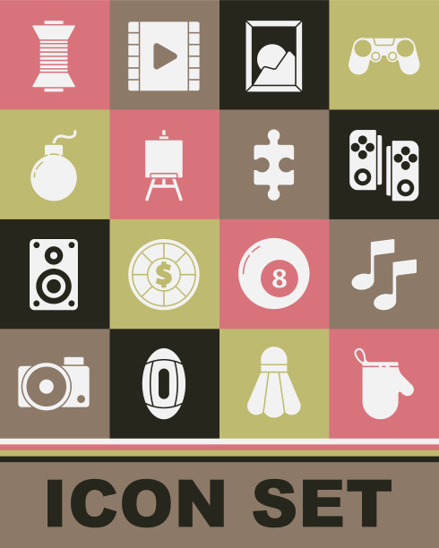 集烤箱手套，乐谱，音调，手柄，图片景观，画架或绘画艺术板，炸弹准备爆炸，缝纫线线轴和拼图图标块。向量图片下载