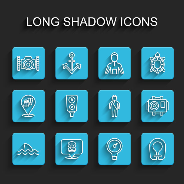 设线鲨鱼，扇贝海壳，照片相机的潜水员，尺度，救生衣，和潜水服潜水图标。向量图片下载