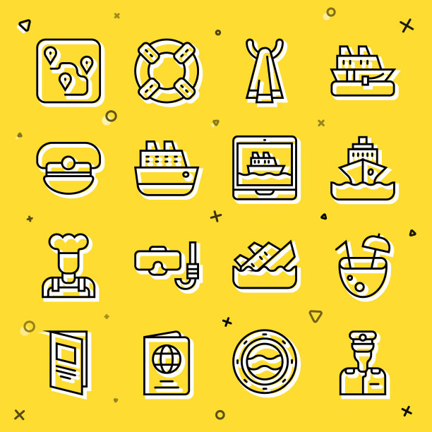 集线船长船，椰子鸡尾酒，巡航，毛巾架，帽子，路线的位置和图标。向量图片下载