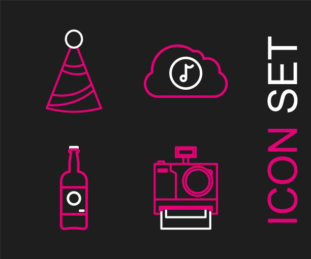 设置线照片相机，啤酒瓶，音乐流媒体服务和派对帽子图标。向量图片下载