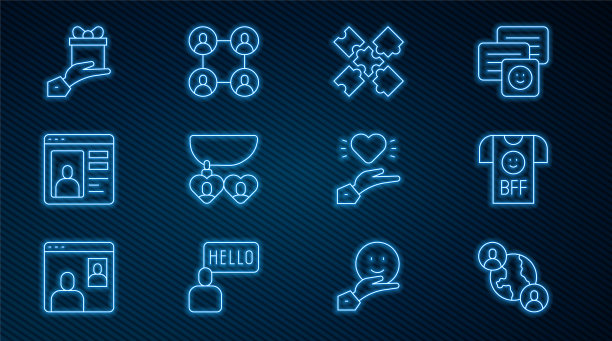 设定线最好的朋友或永远，拼图片玩具，项链与心形，约会应用程序在线，赠送礼物，愉快的关系和图标。向量图片下载