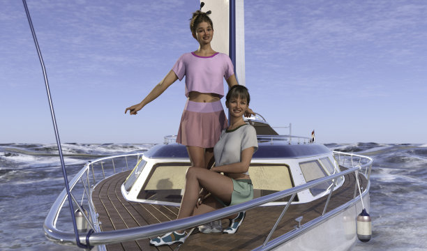 帆船上的女士们。3 d渲染。图片下载