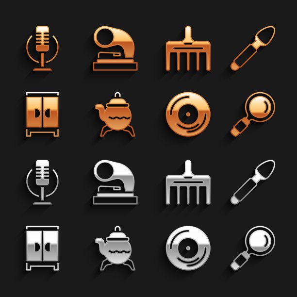 集经典茶壶，银勺，放大镜，乙烯基磁盘，衣柜，发刷，麦克风和旧留声机图标。向量图片下载