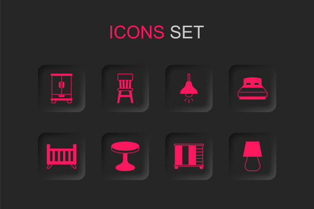 设置圆桌，椅子，衣柜，大床，台灯，灯挂和婴儿床摇篮图标。向量图片下载