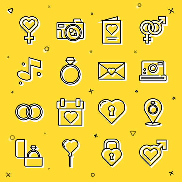 集线心脏与男性性别，结婚戒指，照相机，贺卡，钻石订婚，音乐笔记，女性符号和信封情人节的心脏图标。向量图片下载