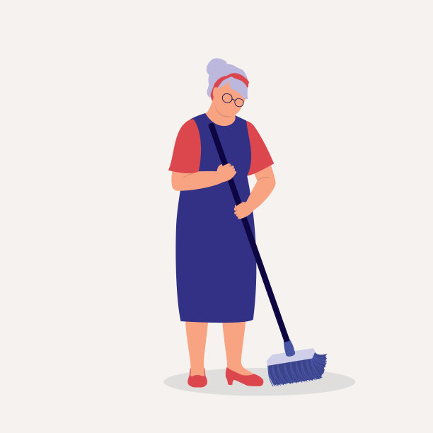 老年妇女用扫帚扫地。图片下载