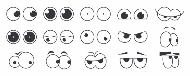 一组70年代groovy漫画面孔矢量。收集卡通人物的脸，眼睛在不同的情绪高兴，生气，悲伤，高兴。可爱的复古时髦的装饰，贴纸嬉皮士插图图片下载