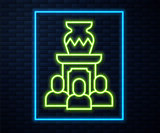 发光的霓虹线拍卖古花瓶图标孤立的砖墙背景。拍卖竞标。卖家和买家。向量图片下载