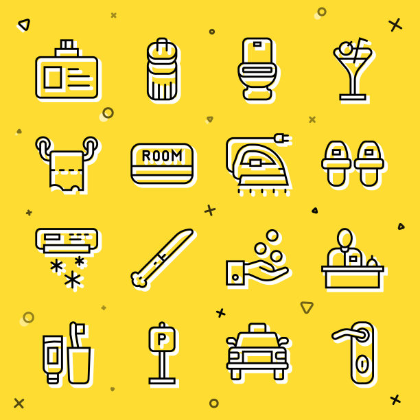 套线门把手，酒店前台，拖鞋，马桶，钥匙卡，纸卷，身份标识，电熨斗。向量图片下载