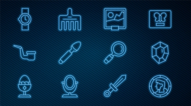 集线古钱币，宝石石，图片，银勺，烟斗，手表，放大镜和发刷图标。向量图片下载