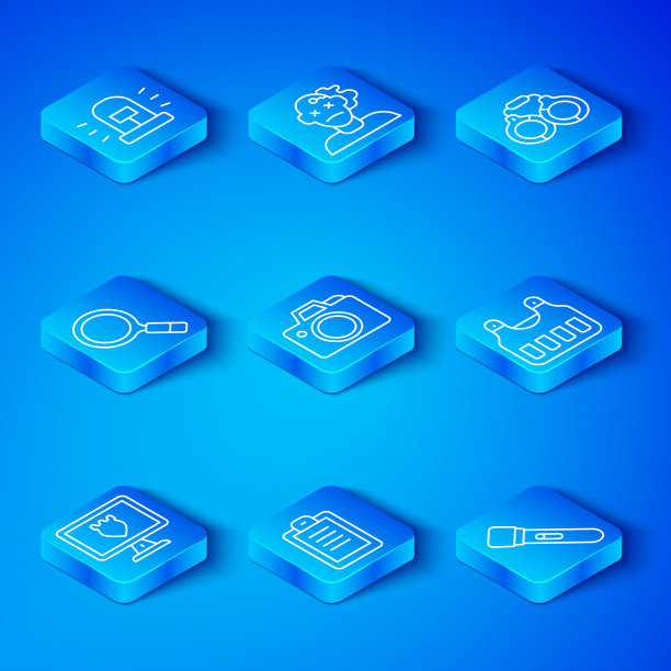 设置线警察数据库，照相机，报告，防弹背心，手铐，放大镜与搜索，闪光警笛和手电筒图标。向量图片下载