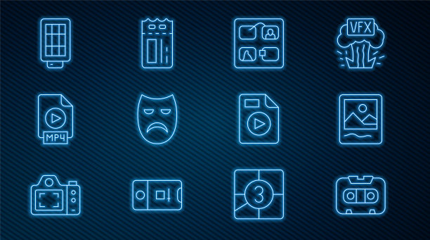 集线复古录音带，相框，故事板，戏剧戏剧面具，MP4文件文档，Softbox灯，AVI和电影票图标。向量图片下载