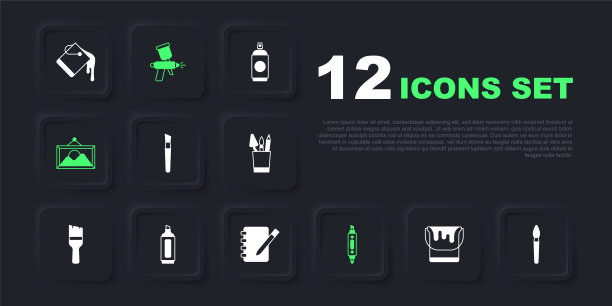 设置油漆桶，画笔，记号笔，图片景观，喷枪和笔记本图标。向量图片下载