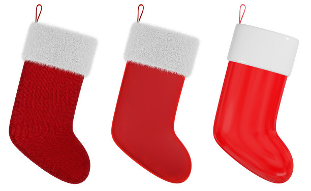 现实和卡通圣诞袜集。红色的长袜，白色的毛皮。3 d渲染。图片下载