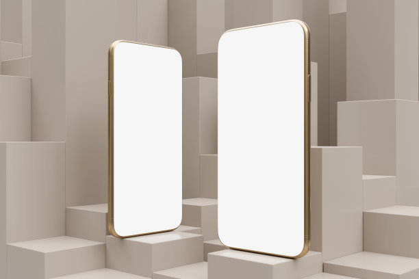 两款智能手机，米色几何背景上的空白屏幕，为您的应用程序设计提供了漂亮的模型图片下载