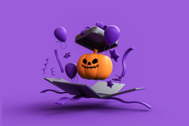 打开礼盒，里面有气球和紫色背景的万圣节南瓜灯。图片下载