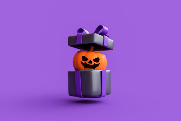 打开礼盒与万圣节南瓜灯南瓜在紫色的背景。图片下载