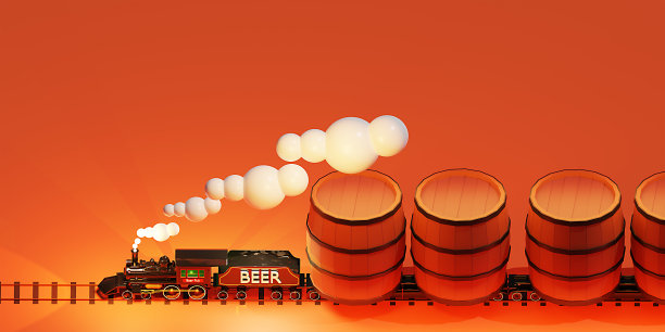 3D啤酒列车，三个啤酒桶。啤酒酒吧。文本空间。图片下载