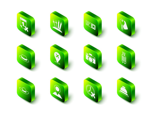 集滑雪和棍棒，机票，酒店门锁钥匙，行李箱，服务铃，照片相机，时钟与飞机和位置图标。向量图片下载