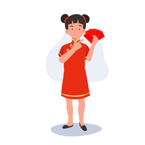 穿中国传统服装的快乐小孩指着红包，农历新年插画图片下载