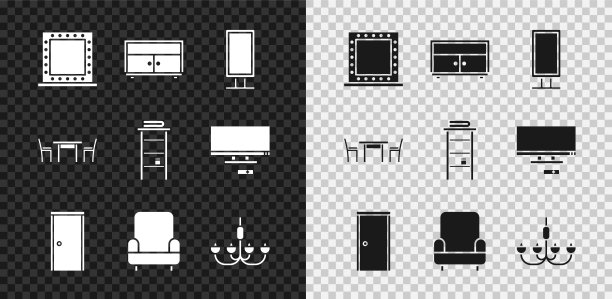 设置化妆镜与灯，抽屉柜，大全长，闭门，扶手椅，枝形吊灯，木桌和浴室货架毛巾图标。向量图片下载