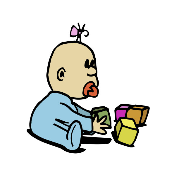 可爱的人类婴儿角色使用安抚奶嘴，坐在地板上，玩彩色的玩具方块。手绘卡通风格矢量插图。图片下载