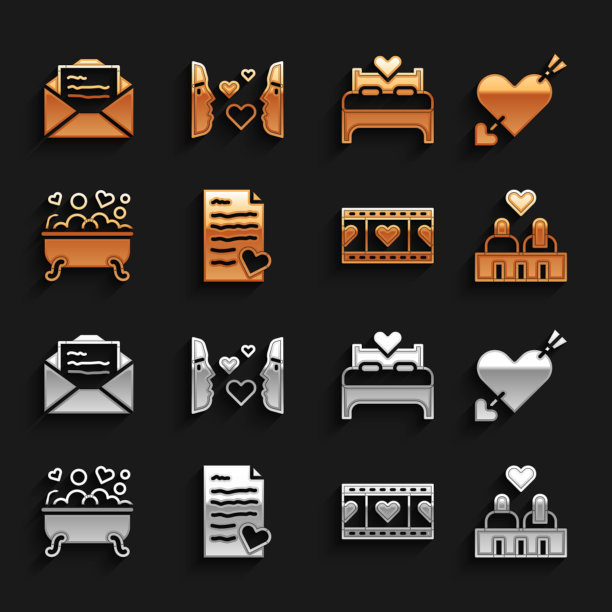 设置信封与情人节的心，爱和箭，情侣的爱，播放视频，浪漫的浴室，卧室，贺卡和爱的第一眼图标。向量图片下载