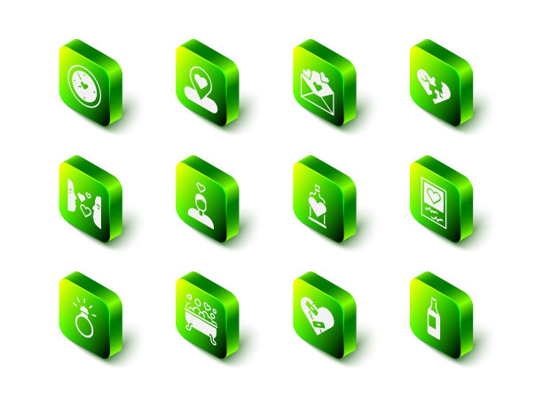 设置位置与心脏，信封情人节，破碎或离婚，相框和心脏，酒瓶，瓶子爱情药水，愈合破碎和浪漫的浴室图标。向量图片下载