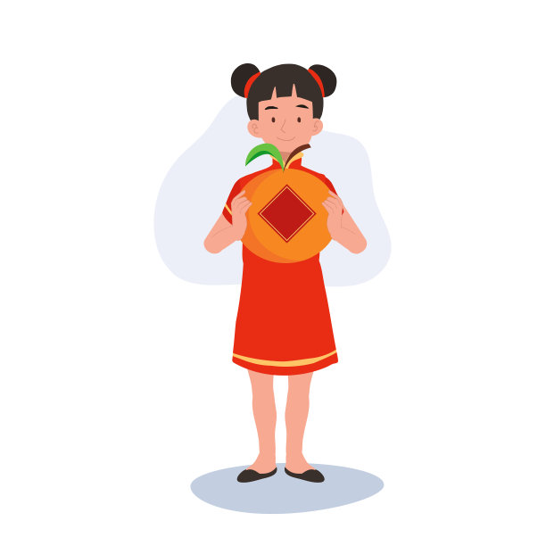 微笑的孩子穿着中国传统服装和大橙色。图片下载