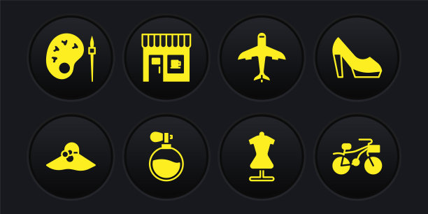 集优雅的女人帽子，女人鞋，香水，人体模型，飞机，咖啡店，自行车和油漆刷与调色板图标。向量图片下载