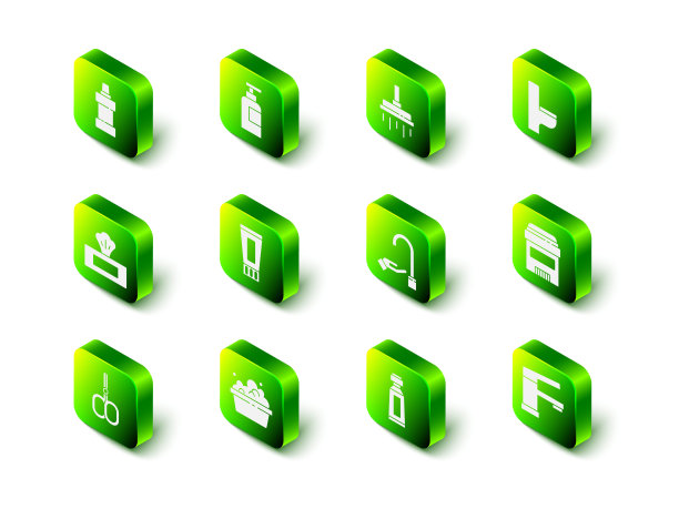 集瓶装洗发水，淋浴头，马桶，止汗除臭剂卷，水龙头，洗手用肥皂，牙膏管和面盆泡沫图标。向量图片下载