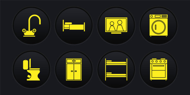 设置马桶，洗衣机，衣柜，双层床，桌子上的相框，床，烤箱和水龙头图标。向量图片下载