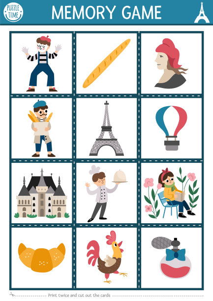 向量法国记忆游戏卡与可爱的传统符号。法语配对活动。记住，找到正确的卡片。简单的可打印工作表与哑剧，法棍面包，埃菲尔铁塔的孩子图片下载