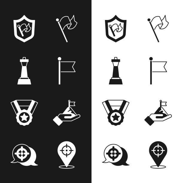 旗帜、国际象棋、带旗帜的盾牌、奖牌、山脉和靶标图标矢量素材图片下载