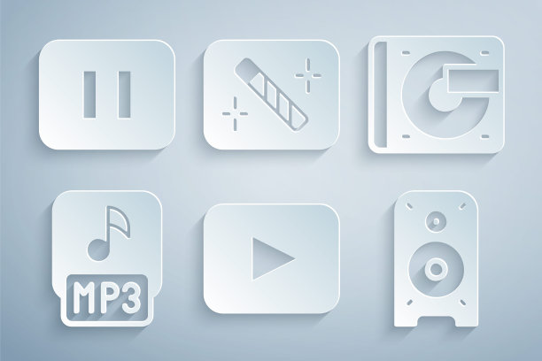 设置播放按钮，黑胶播放器与黑胶磁盘，MP3文件，立体声扬声器，照片修饰和暂停图标。向量图片下载