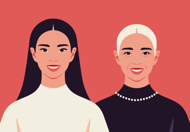 年轻和年老的亚洲女性的面孔。衰老过程。图片下载