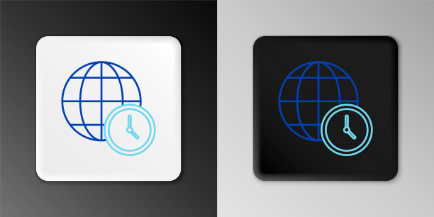 线世界时间图标孤立的灰色背景。时钟和地球仪。色彩缤纷的轮廓概念。向量图片下载