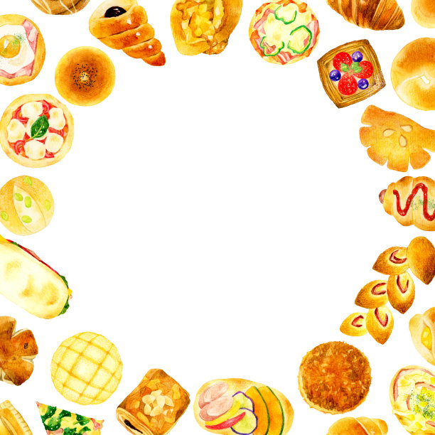 剪贴画背景的面包。手绘水彩插图美味的食物。图片下载