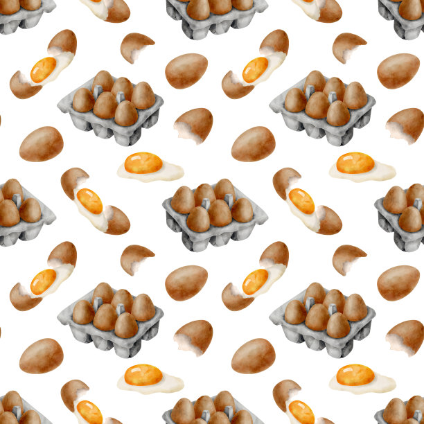水彩鸡蛋无缝图案。手绘包与新鲜的棕色鸡蛋，蛋黄和玻璃隔离在白色背景。烹饪原料重复设计。健康农贸市场产品说明。图片下载
