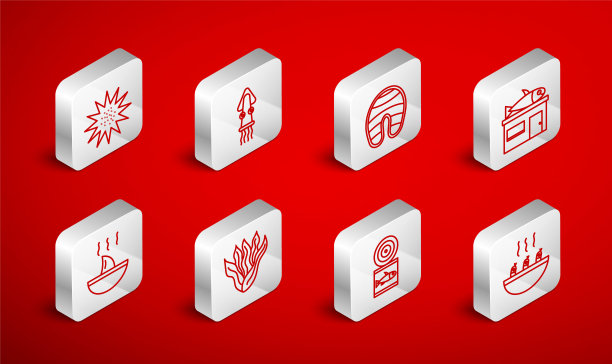 集线汤与虾，章鱼，鱼肉牛排，海鲜店，罐头鱼，海胆，海藻和鱼翅汤图标。向量图片下载