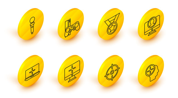 设置线头部狩猎概念，目标运动，电脑显示器，笔记本电脑，创建帐户屏幕，奖牌，游戏机与操纵杆和操纵杆的街机图标。向量图片下载