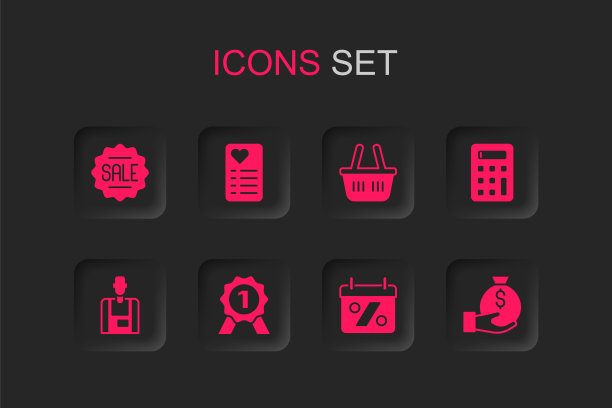 勋章、购物清单、带促销的价格标签、折扣百分比、计算器、钱袋、购物篮和销售员图标矢量素材图片下载