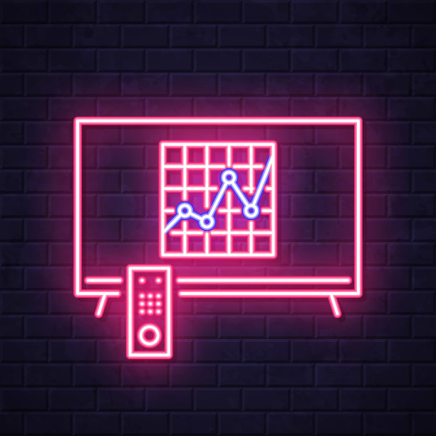 带图形的电视。在砖墙背景上发光的霓虹灯图标图片下载